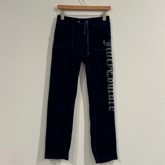 Juicy Couture Velour Track Sweats Navy blue, Rhinestone Script Size Medium Y2K - Picture 2 of 8